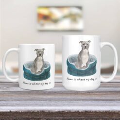 Home is where my dog is American Staffordshire terrier grey dog mug (Illustrated collection) 13 Home is where my dog is American Staffordshire terrier grey 11oz and 15oz comparison TV Room