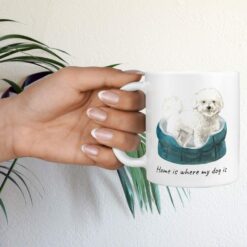Home is where my dog is Bichon Frise dog mug (Illustrated collection) 16 Home is where my dog is Bichon Frise hand holding plant