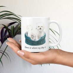 Home is where my dog is Bichon Frise dog mug (Illustrated collection) 11 Home is where my dog is Bichon Frise mug in hand plant
