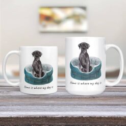 Home is where my dog is Black Lab dog mug (Illustrated collection) 13 Home is where my dog is Black Lab 11oz and 15oz comparison TV Room