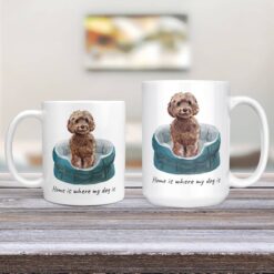 Home is where my dog is Brown Cockapoo dog mug (Illustrated collection) 13 Home is where my dog is Brown Cockapoo 11oz and 15oz comparison TV Room