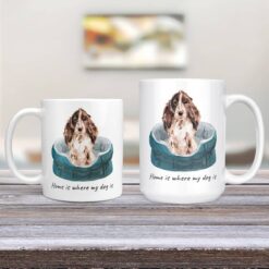 Home is where my dog is Brown Cocker Spaniel dog mug (Illustrated collection) 13 Home is where my dog is Brown Cocker Spaniel 11oz and 15oz comparison TV Room
