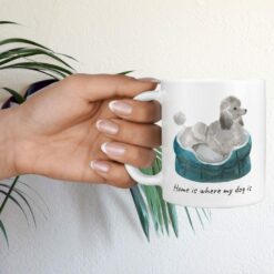Home is where my dog is Grey Poodle dog mug (Illustrated collection) 17 Home is where my dog is Grey Poodle hand holding plant
