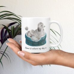 Home is where my dog is Grey Poodle dog mug (Illustrated collection) 12 Home is where my dog is Grey Poodle mug in hand plant