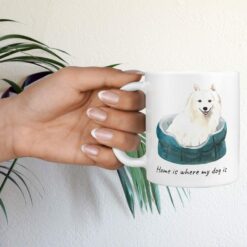 Home is where my dog is Japanese Spitz dog mug (Illustrated collection) 17 Home is where my dog is Japanese Spitz hand holding plant