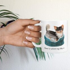 Home is where my dog is Long Haired Chihuahua dog mug (Illustrated collection) 17 Home is where my dog is Long Haired Chihuahua hand holding plant