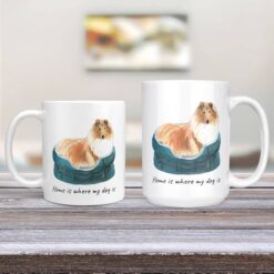 Home is where my dog is Rough Collie dog mug (Illustrated collection) 13 Home is where my dog is Rough Collie 11oz and 15oz comparison TV Room