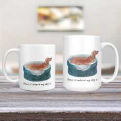 Home is where my dog is Tan Dachshund dog mug (Illustrated collection) 13 Home is where my dog is Tan Dachshund 11oz and 15oz comparison TV Room
