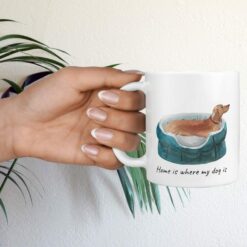 Home is where my dog is Tan Dachshund dog mug (Illustrated collection) 17 Home is where my dog is Tan Dachshund hand holding plant