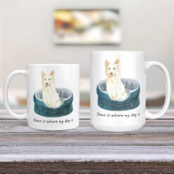 Home is where my dog is White Collie 11oz and 15oz comparison TV Room