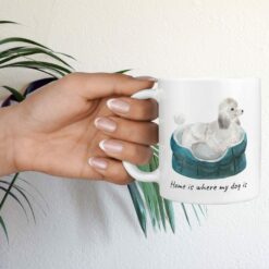 Home is where my dog is White poodle dog mug (Illustrated collection) 17 Home is where my dog is White poodle hand holding plant