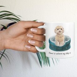 Home is where my dog is Champagne cockapoo dog mug (Illustrated collection) 17 Home is where my dog is champagne cockapoo hand holding plant