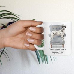 Life is better with a Dalmatian dog mug (Illustrated collection) 16 Life is better with Dalmatian Designs hand holding plant