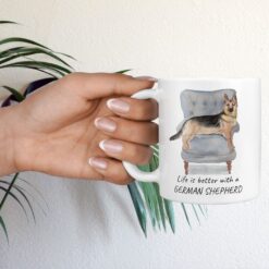 Life is better with a German Shepherd dog mug (Illustrated collection) 16 Life is better with German Shepherd Designs hand holding plant