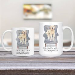 Life is better with a Golden Doodle dog mug (Illustrated collection) 12 Life is better with Golden Doodle Designs 11oz and 15oz comparison TV Room