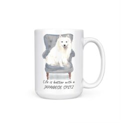 Life is better with a Japanese Spitz dog mug (Illustrated collection) 18 Life is better with Japanese Spitz 15oz handle right white
