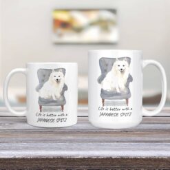 Life is better with a Japanese Spitz dog mug (Illustrated collection) 12 Life is better with Japanese Spitz Designs 11oz and 15oz comparison TV Room
