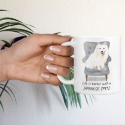 Life is better with a Japanese Spitz dog mug (Illustrated collection) 16 Life is better with Japanese Spitz Designs hand holding plant