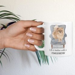 Life is better with a Pomeranian dog mug (Illustrated collection) 16 Life is better with Pomeranian Designs hand holding plant