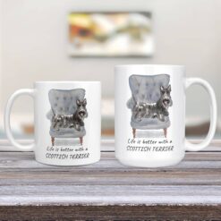 Life is better with a Scottish Terrier dog mug (Illustrated collection) 12 Life is better with Scottish Terrier Designs 11oz and 15oz comparison TV Room