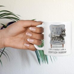 Life is better with a Scottish Terrier dog mug (Illustrated collection) 16 Life is better with Scottish Terrier Designs hand holding plant