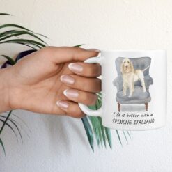 Life is better with a Spinone Italiano dog mug (Illustrated collection) 16 Life is better with Spinone Italiano Designs hand holding plant