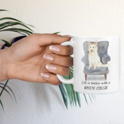 Life is better with a White Collie dog mug (Illustrated collection) 16 Life is better with White Collie Designs hand holding plant