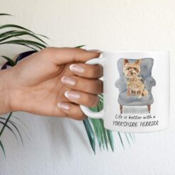 Life is better with a Yorkshire Terrier dog mug (Illustrated collection) 16 Life is better with Yorkshire Terrier Designs hand holding plant
