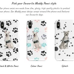 American Staffordshire terrier Muddy Paws phone case. 3 muddy styles for your Iphone 15 Pro Max, Iphone 14, 13, 12 to 6 & Samsung Galaxy S23 Ultra, S22, S21 to S6. 9 Adventure dogs muddy american staffordshire terrier bw paws front view transparent variations