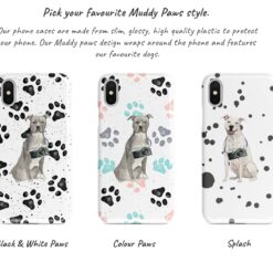 American Staffordshire terrier grey Muddy Paws phone case. 3 muddy styles for your Iphone 15 Pro Max, Iphone 14, 13, 12 to 6 & Samsung Galaxy S23 Ultra, S22, S21 to S6. 9 Adventure dogs muddy american staffordshire terrier grey bw paws front view transparent variations