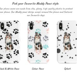Australian Shepherd Muddy Paws phone case. 3 muddy styles for your Iphone 15 Pro Max, Iphone 14, 13, 12 to 6 & Samsung Galaxy S23 Ultra, S22, S21 to S6. 9 Adventure dogs muddy australian shepherd bw paws front view transparent variations