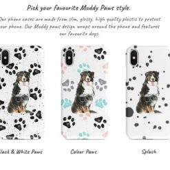 Bernese Mountain Dog Muddy Paws phone case. 3 muddy styles for your Iphone 15 Pro Max, Iphone 14, 13, 12 to 6 & Samsung Galaxy S23 Ultra, S22, S21 to S6. 9 Adventure dogs muddy bernese mountain dog bw paws front view transparent variations