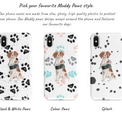 Brittany Muddy Paws phone case. 3 muddy styles for your Iphone 15 Pro Max, Iphone 14, 13, 12 to 6 & Samsung Galaxy S23 Ultra, S22, S21 to S6. 9 Adventure dogs muddy brittany bw paws front view transparent variations
