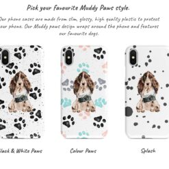 Brown Cocker Spaniel Muddy Paws phone case. 3 muddy styles for your Iphone 15 Pro Max, Iphone 14, 13, 12 to 6 & Samsung Galaxy S23 Ultra, S22, S21 to S6. 9 Adventure dogs muddy brown cocker spaniel bw paws front view transparent variations