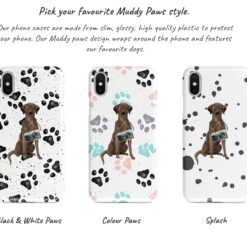 Brown Labrador retriever Muddy Paws phone case. 3 muddy styles for your Iphone 15 Pro Max, Iphone 14, 13, 12 to 6 & Samsung Galaxy S23 Ultra, S22, S21 to S6. 9 Adventure dogs muddy brown labrador retriever bw paws front view transparent variations