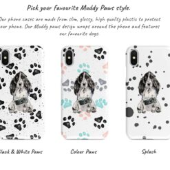 Cocker Spaniel Muddy Paws phone case. 3 muddy styles for your Iphone 15 Pro Max, Iphone 14, 13, 12 to 6 & Samsung Galaxy S23 Ultra, S22, S21 to S6. 9 Adventure dogs muddy cocker spaniel bw paws front view transparent variations