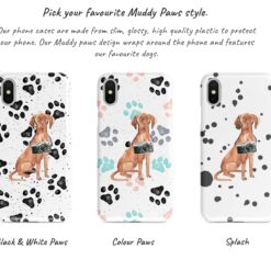 Hungarian Vizsla Muddy Paws phone case. 3 muddy styles for your Iphone 15 Pro Max, Iphone 14, 13, 12 to 6 & Samsung Galaxy S23 Ultra, S22, S21 to S6. 9 Adventure dogs muddy hungarian vizsla bw paws front view transparent variations