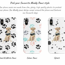 Labrador retriever Muddy Paws phone case. 3 muddy styles for your Iphone 15 Pro Max, Iphone 14, 13, 12 to 6 & Samsung Galaxy S23 Ultra, S22, S21 to S6. 9 Adventure dogs muddy labrador retriever bw paws front view transparent variations