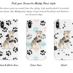 Lakeland Terrier Muddy Paws phone case. 3 muddy styles for your Iphone 15 Pro Max, Iphone 14, 13, 12 to 6 & Samsung Galaxy S23 Ultra, S22, S21 to S6. 9 Adventure dogs muddy lakeland terrier bw paws front view transparent variations