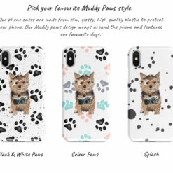 Norfolk Terrier Muddy Paws phone case. 3 muddy styles for your Iphone 15 Pro Max, Iphone 14, 13, 12 to 6 & Samsung Galaxy S23 Ultra, S22, S21 to S6. 9 Adventure dogs muddy norfolk terrier bw paws front view transparent variations