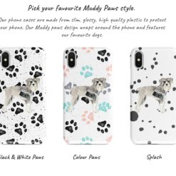 Schnauzer Muddy Paws phone case. 3 muddy styles for your Iphone 15 Pro Max, Iphone 14, 13, 12 to 6 & Samsung Galaxy S23 Ultra, S22, S21 to S6. 9 Adventure dogs muddy schnauzer bw paws front view transparent variations
