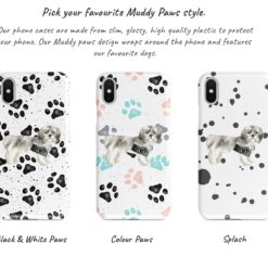 Shih tzu Short hair Muddy Paws phone case. 3 muddy styles for your Iphone 15 Pro Max, Iphone 14, 13, 12 to 6 & Samsung Galaxy S23 Ultra, S22, S21 to S6. 9 Adventure dogs muddy shih tzu short hair bw paws front view transparent variations