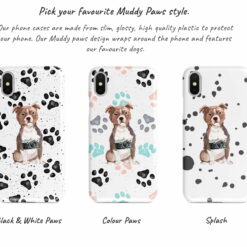 Staffordshire Bull Terrier Muddy Paws phone case. 3 muddy styles for your Iphone 15 Pro Max, Iphone 14, 13, 12 to 6 & Samsung Galaxy S23 Ultra, S22, S21 to S6. 9 Adventure dogs muddy staffordshire bull terrier bw paws front view transparent variations