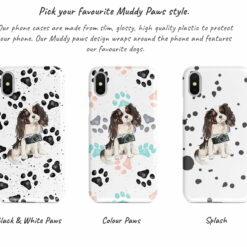 Tri colour King Charles Spaniel Muddy Paws phone case. 3 muddy styles for your Iphone 15 Pro Max, Iphone 14, 13, 12 to 6 & Samsung Galaxy S23 Ultra, S22, S21 to S6. 9 Adventure dogs muddy tri colour king charles spaniel bw paws front view transparent variations