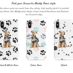 Welsh Terrier Muddy Paws phone case. 3 muddy styles for your Iphone 15 Pro Max, Iphone 14, 13, 12 to 6 & Samsung Galaxy S23 Ultra, S22, S21 to S6. 9 Adventure dogs muddy welsh terrier bw paws front view transparent variations