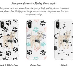 Wheaten Terrier Muddy Paws phone case. 3 muddy styles for your Iphone 15 Pro Max, Iphone 14, 13, 12 to 6 & Samsung Galaxy S23 Ultra, S22, S21 to S6. 9 Adventure dogs muddy wheaten terrier bw paws front view transparent variations