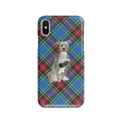 American Staffordshire terrier grey Tartan phone case. 11 Tartan styles for your Iphone 15 Pro Max, Iphone 14, 13, 12 to 6 & Samsung Galaxy S23 Ultra, S22, S21 to S6 23 Adventure dogs tartan case american staffordshire terrier grey macbeth front view