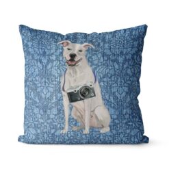 American Staffordshire terrier dog Inspired Denim Style Throw Pillow Cushion - Travel collection 18 Adventure is out there cushion American Staffordshire terrier Bleached Damask Denim front view