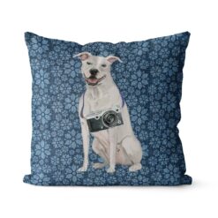 American Staffordshire terrier dog Inspired Denim Style Throw Pillow Cushion - Travel collection 17 Adventure is out there cushion American Staffordshire terrier Daisy Denim front view
