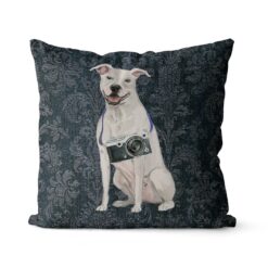 American Staffordshire terrier dog Inspired Denim Style Throw Pillow Cushion - Travel collection 16 Adventure is out there cushion American Staffordshire terrier Dark Damask Denim front view